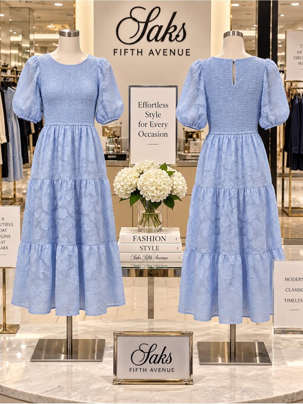 Saks Fifth Avenue Light Blue Lace Puff-Sleeve Maxi Dress